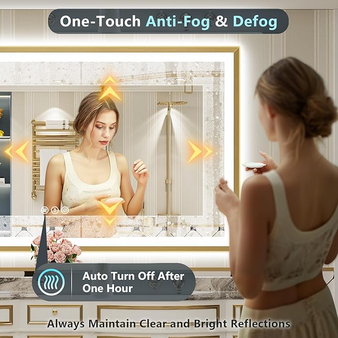 96x36 Gold Beveled Framed LED Bathroom Mirror with Lights, Backlit & Front Lit, Anti-Fog Metal Frame Lighted Vanity Mirrors for Bathroom Wall, Dimmable, 3-Color Light, Memory, Tempered Glass