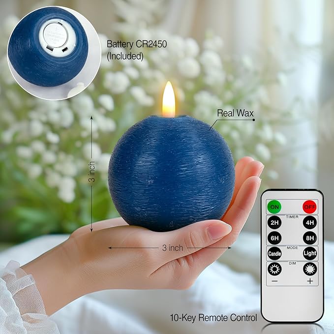 Flameless Candles with Remote, Blue Round Candles Ball LED Battery Operated Real Wax Candles Warm Light 3D Wick Flickering for Home Party Wedding Decor (Set of 3)