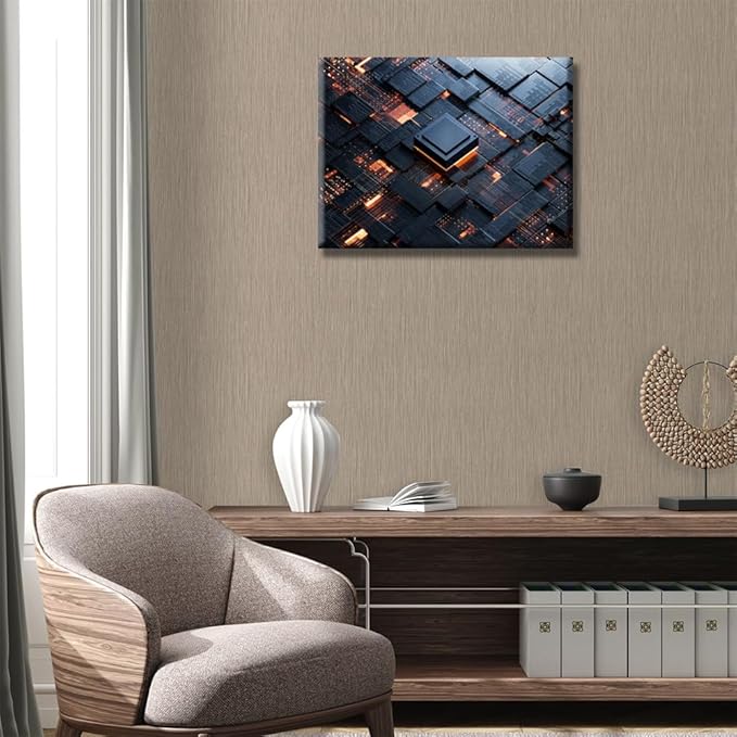 Abstract Design Canvas Wall Art Decor Central Computer Processors CPU Pictures for Bedroom Digital Age Office Wall Art Framed Circuit Board Modern Artwork for Living Room Bedroom 12x16 INCH