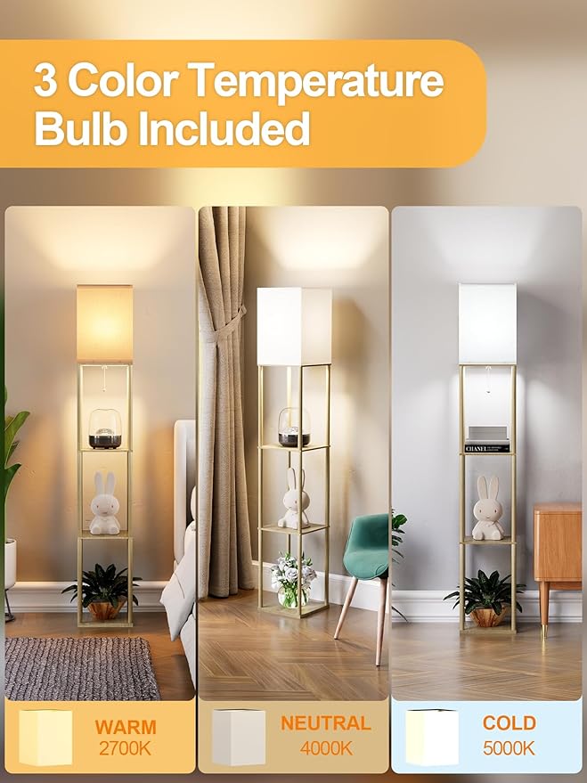 PARTPHONER Floor Lamp with Shelves for Living Room Natural Wood 2 Pack, Shelf Floor Lamp with 3 CCT LED Bulb, Corner Display Standing Column Lamp Etagere Organizer Tower Nightstand for Bedroom Office