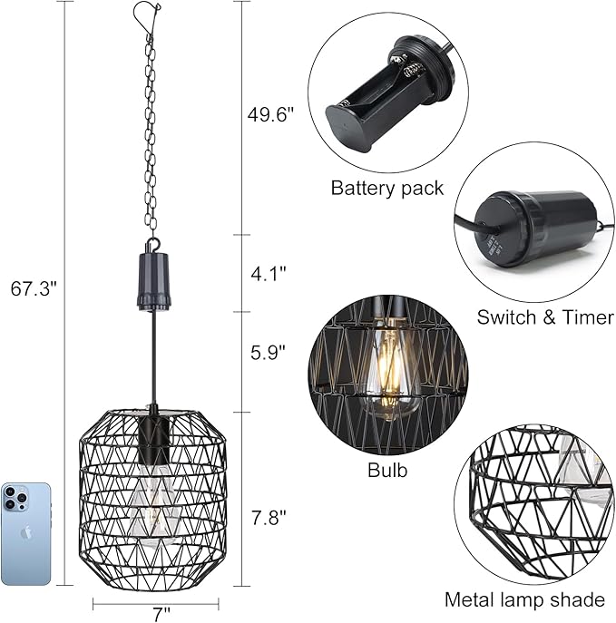 Livinlarge 6 Hours Timer Battery Operated Outdoor Hanging Light — Outdoor Indoor Pendant Chandelier Waterproof Porch Gazebo Patio Pendant Lantern Chandelier Lighting-Out Auto On/Off