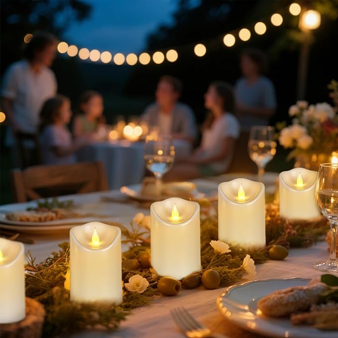 Outdoor Flameless Candles, Patented 3D Dual-LED, Set of 9 Slanted Resin Pillars with 2 Remotes, Pure White Waterproof Non-Melting Battery Operated Large Set for Modern Fireplace, White