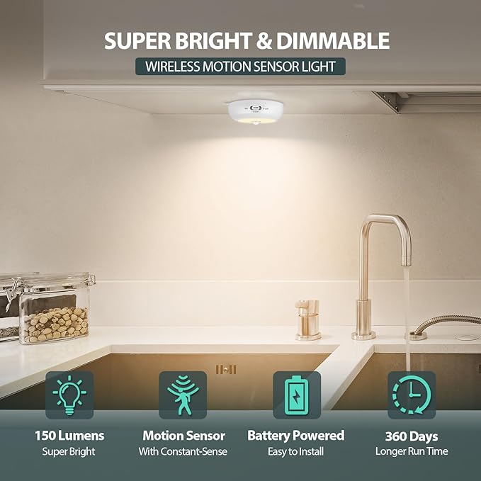 Under Cabinet Lighting, LED Puck Lights AA Battery Operated, Closet Lights Motion Sensored for Kitchen, Shelf, Dimmable & Magnetic, 3000K Warm White (6 Pack)