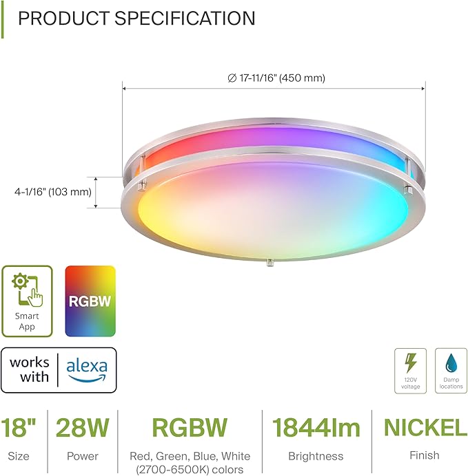 ASD LED 18" Round Flush Mount Lighting, Close to Ceiling Light Fixture | Smart, Multicolor, Dimmable, ETL Listed | 28W 1844LM RGB-2700-6500K 120V | Low Profile Double Ring Lamp | Nickel, 2 Pack