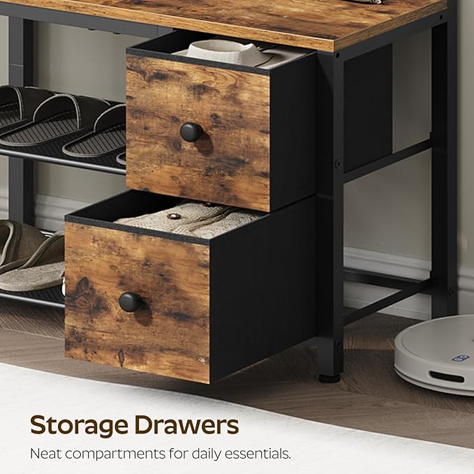 5-in-1 Hall Tree with Drawers, Entryway Bench with 8 Adjustable Coat Rack and Shoe Storage, Industrial Coat Rack with Bench for Entryway and Front Door, Rustic Brown and Black MT06BR