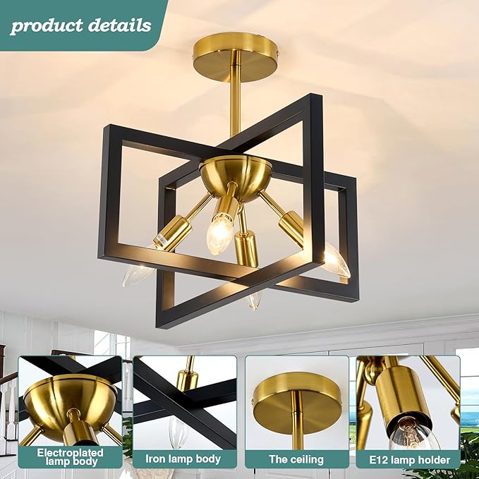 ZGLAOJT 4-Lights Ceiling Light Fixture Modern Black and Gold Semi Flush Mount Ceiling Lighting Matte Chandelier for Bedroom Kitchen Foyer Hallway Living Room Farmhouse