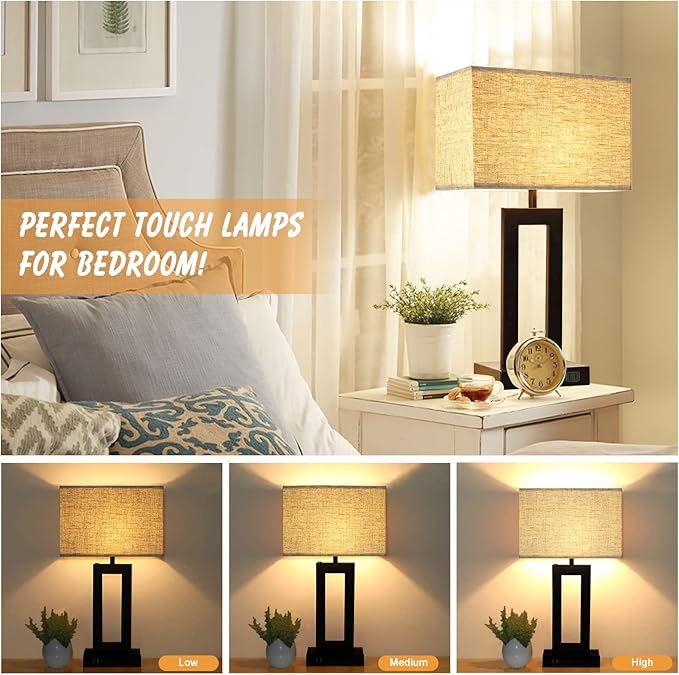 Tall Table Lamps for Living Room Set of 2, Modern Bedside Lamps w. 2 USB Ports, 3-Way Dimmable Touch Control Nightstand Lamp Set w. Fabric Cream Shade for Bedroom End Table, 22 in