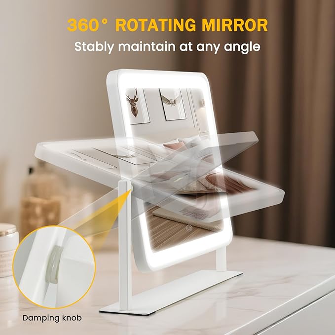 Vanity Mirror with Lights, 14"×12" LED Makeup Mirror, HD Professional Mirror, Smart Touch with 3-Color Lighting, Dimmable, 360° Rotation, Lighted Up for Makeup Desk, Bedroom (White)