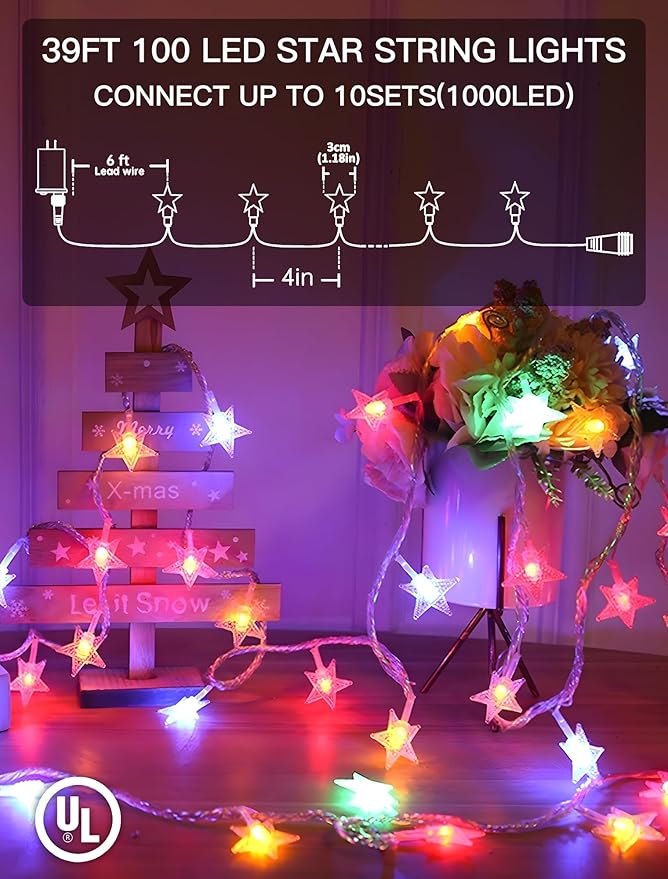 Star String Lights Plug in,33ft 100LED Easter Lights with Remote, Hanging Star Decorations Lights Waterproof for Indoor Outdoor Bedroom Classroom Dorm Kids Tent Party Decor,Multicolor