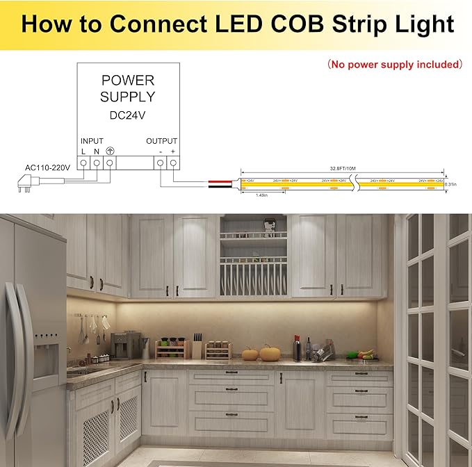 32.8ft COB LED Strip Lights Waterproof IP68, 4000K Natural White Outdoor 24V Dimmable Silicone LED Tape Lighting High Density, 6000LM+, 3200LEDs Clips and Screws(Power Supply Not Included)