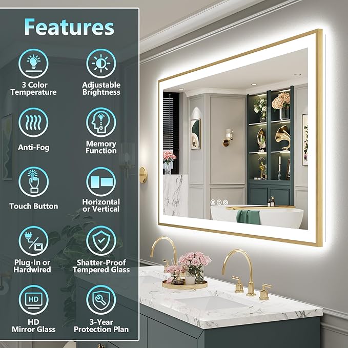 55x40 Gold LED Bathroom Mirror with Lights, Brushed Gold Framed Backlit and Front Lit Anti-Fog Lighted Vanity Mirrors for Bathroom Wall, Dimmable, 3 Colors, Memory, HD Tempered Glass, CRI＞90