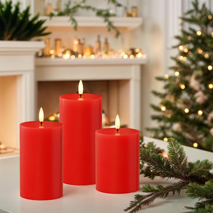 Flameless Pillar Candles with Remote, 3 Pack Battery Operated Real Wax LED Candles, Perfect for Home Decorations Fireplace Table, Red