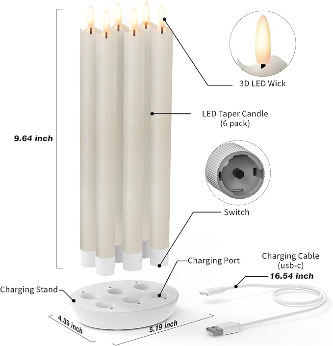 Rechargeable Flameless Taper Candles with Charging Station, 6 Pcs Real Wax LED Taper Candles Flickering with Remote&Timer, 3D Flame Battery Candlesticks for Home Wedding Christmas Decor (Ivory)