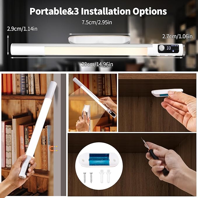 RAHAN Battery Powered Operated Wall Strip Lights, Rechargeable Magnetic LED Light Bar with 3 Color Modes, Dimmable Under Desk Light for Reading, Under Shelf, Wall, Workshop, Cabinet, Closet, Kitchen