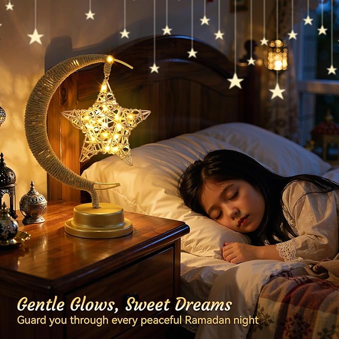 Lewondr Ramadan Moon Lamp with Rattan Star, Lunar Lamp for Night Stands, Battery Powered Ramadan Desk Lamps Decorations, Gold Crescent Table Light Bedside Lamps for Desktop Nursery Kids Room Decor
