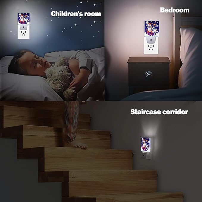 Universe Astronaut Rocket Galaxy Night Light, Dusk to Dawn Smart Sensor Nightlight for Bedroom Bathroom Kitchen Hallway Stairs Hallway, Plug-in, Energy Efficient Decor Desk Lamp Gifts