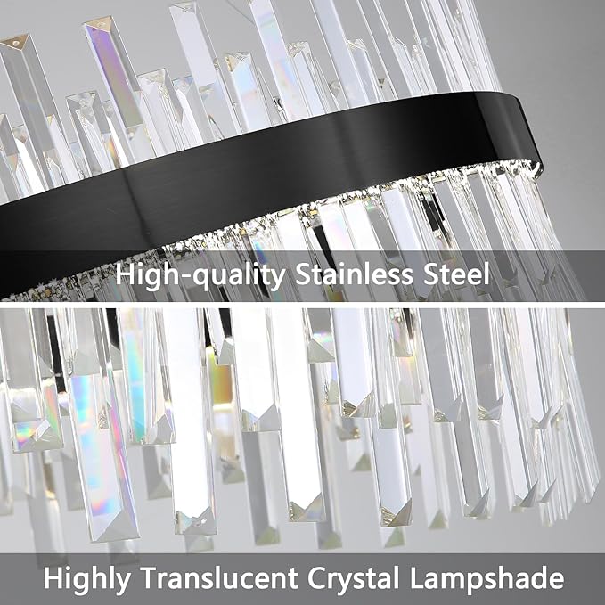 Glam Crystal Chandelier Interior Ring Chandeliers with Remote Dimmable LED Light Adjustable Hanging Lights Luxury Ceiling Pendant Lighting Fixtures for Living Dining Bedroom Foyer Black Light