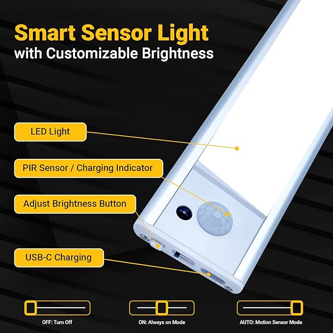 2 Pack Under Cabinet Lights 2200mAh, 65 LED Dimmable Closet Lights with 3 Adjustable Color Temperature, Rechargeable Battery Operated Motion Sensor, Under Cabinet Lighting for Kitchen,Closet (12 Inch)
