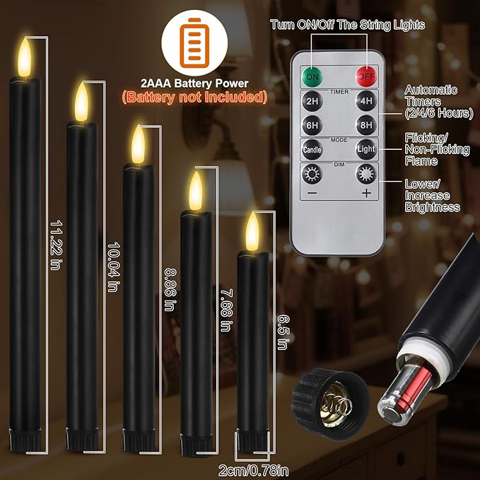 10 Pcs Flameless Taper Candles with Remote Battery Operated Taper Candles Include 6.5'' 7.7" 8.9" 10" 11.2" Fake LED Electric Candle Sticks for Valentine's Day Home Wedding Decor (Black)