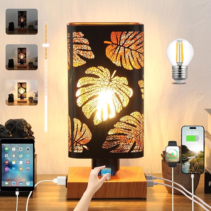 Industrial Table Lamp with USB Ports and Outlet, Rustic Dimmable Bedside lamp with Charging Station, Metal Square Shadow Nightstand Lamp, Night Light for Kids Bedroom Living Room End Tables
