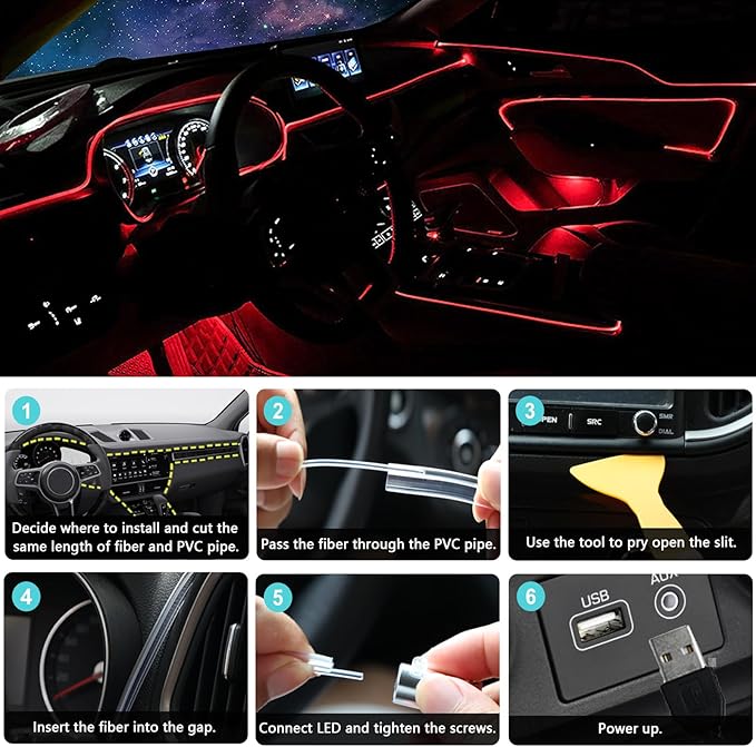 Interior Car LED Strip Lights, RGB 6 in 1 Ambient Lighting Kits with 315 inches Fiber Optic, 16 Million Colors Car Interior Lights with Wireless APP and Remote Control, Sync to Music
