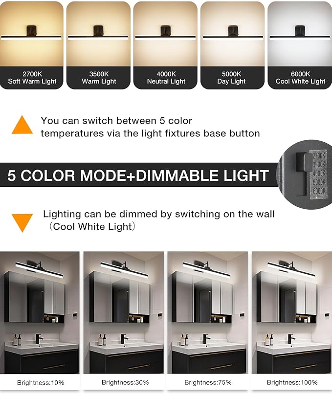 Modern LED Vanity Light Fixture,Metal Black 23.6‘’ 5CCT DimmableAdjustable & Rotatable Bathroom Light Fixture Above Mirror, Wall Sconce