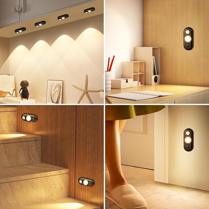 LED Motion Sensor Puck Lights, Rechargeable Under Cabinet Lighting, Dimmable Closet Lights, Magnetic Night Light, Wireless Under Counter Lights for Kitchen, Stairs, Hallway, Warm White, 4Pack, Black