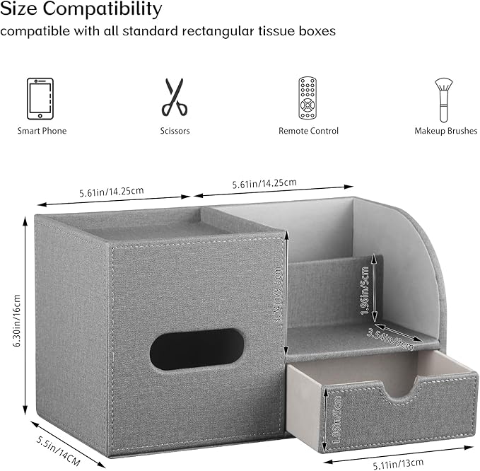 Fanousy Square Tissue Box Cover with Drawer Storage and Tray on Top, PU Leather Tissues Cube Boxes Holder, Modern Nightstand Organizer Caddy, Remote Control Holder for Bathroom, Bedside, Office, Home
