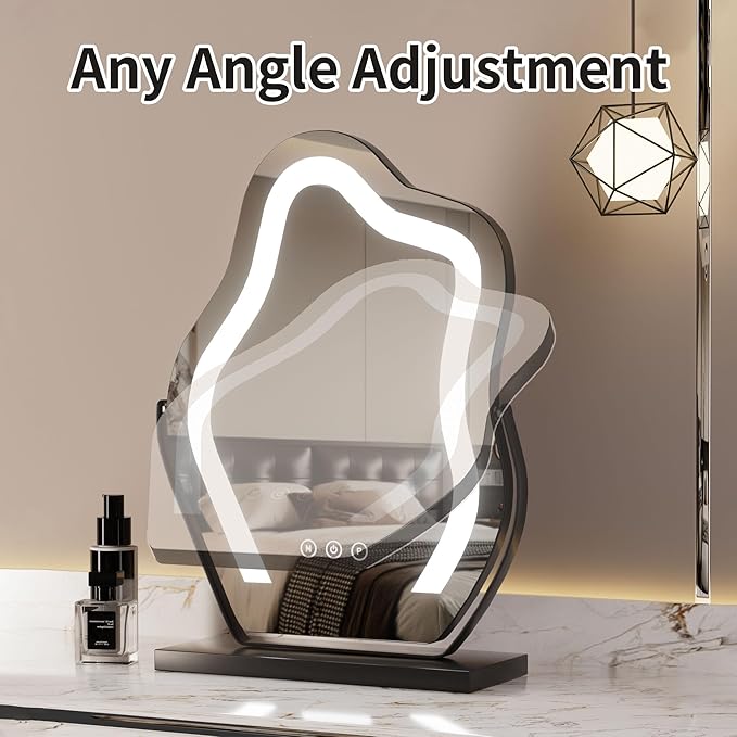 Makeup Mirror with Lights - 17″ Cloud Shaped Smart Touch 3-Color Dimmable 360° Rotation Memory Metal Frame Plug-in AC Power Tabletop Vanity Mirror Gift for Women Teen Girls Black