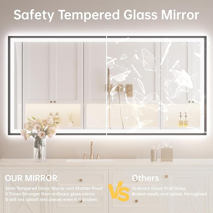 60x30 LED Bathroom Mirror with Lights, Black Aluminum Framed, Backlit + Front Lit, Lighted Bathroom Vanity Mirror for Wall, Anti-Fog, Memory Function, Dimmable, Shatterproof ETL Listed