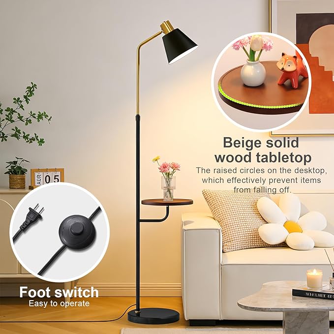 Black Floor Lamp with Walnut Side Table for Living Room Bedroom, Modern Standing Lamp 12W LED 3-Color Dimmable 3000K/4500K/6500K, Adjustable Reading Light with Shelf for Home Office Corner end