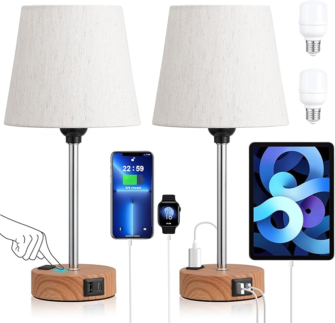 Acaxin Bedside Lamps for bedrooms Set of 2 - Nightstand Bedroom Lamp with USB C Port and AC Outlet Charging, 3 Way Dimmable Touch Control Small Bed Side Table Lamp, Nightstand Light for Kids