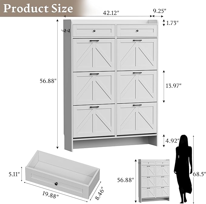 Shoe Cabinet for Entryway, Farmhouse Shoe Storage Cabinet with 6 Flip Drawers and 2 Top Drawers, Tall Narrow Shoe Organizer Cabinet with Adjustable Shelves, Side Hooks and Anti-Tip Kit