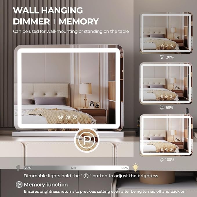 ZL ZELing Vanity Mirror with Lights, 23 Inch Large Makeup Mirror with LED Lights, Smart Touch Dimmable 3-Color Light, Memory Function, USB Charging Port, and Magnifying Glass