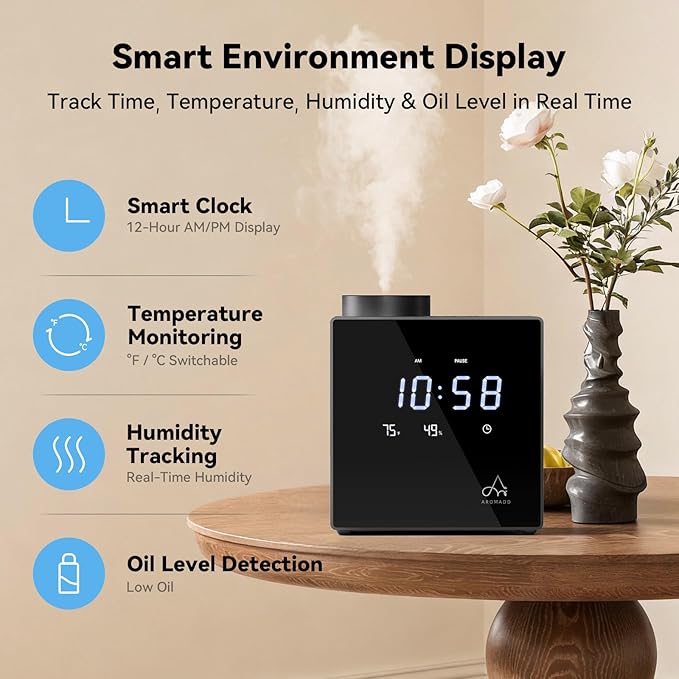 2026 Smart Waterless Diffuser, 2000 Sq.Ft Cold Air Scent Diffuser with Clock & Environmental Display | 7 Fragrance Levels, 9 Timer Settings, Hotel Collection Diffuser for Home & Large Rooms (Black)