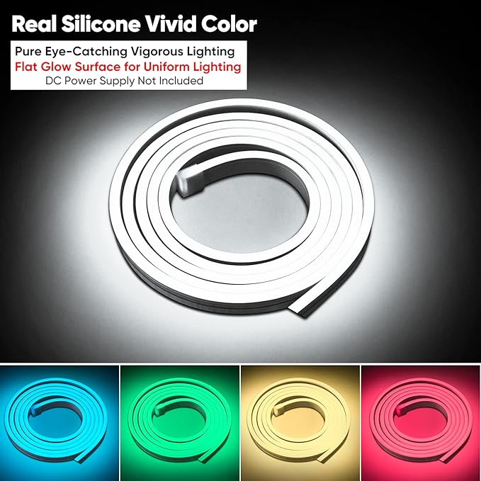 Shine Decor 12V LED RGB Neon Rope Lights Dimmable, 16.4FT Silicone Strip Lighting Remote Control, Flexible Hardwired LED Neon Light Color Changing for Custom Signage Bedroom Gaming Room Party