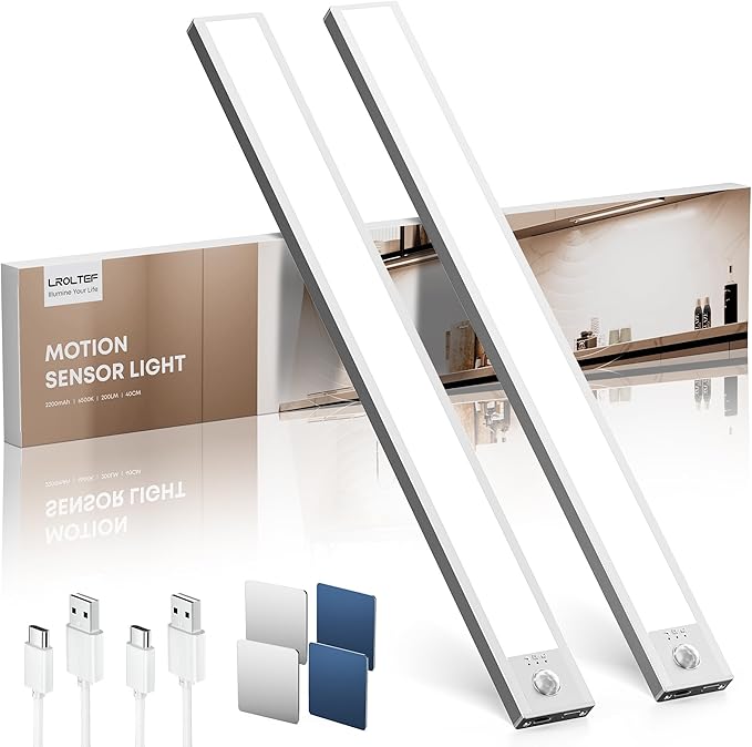 Under Cabinet Lighting Wireless, 2 Pack 15.7 inch 2200mAh 6500K Dimmable Motion Sensor Light Indoor, Rechargeable LED Under Counter Lights for Kitchen, Shelf, Stairs, Closet