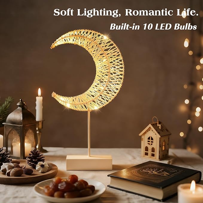 Lewondr Ramadan Decorations Moon Table Lamp, Moon Shape Rattan Ramadan Desk Lamp Battery Powered Light, Winding Thread LED Crescent Light for Home Bedroom Bedside Desktop Eid Mubarak Decorations