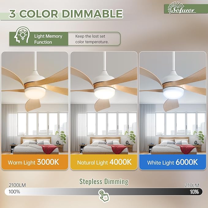Sofucor 52 Inch Ceiling Fans with Lights and Remote, Outdoor Ceiling Fan with Light 6-Speed 3 CCT 3-Timer, Modern Low Profile Ceiling Fan 5 Blade Reversible DC Motor for Living Room Bedroom Patio