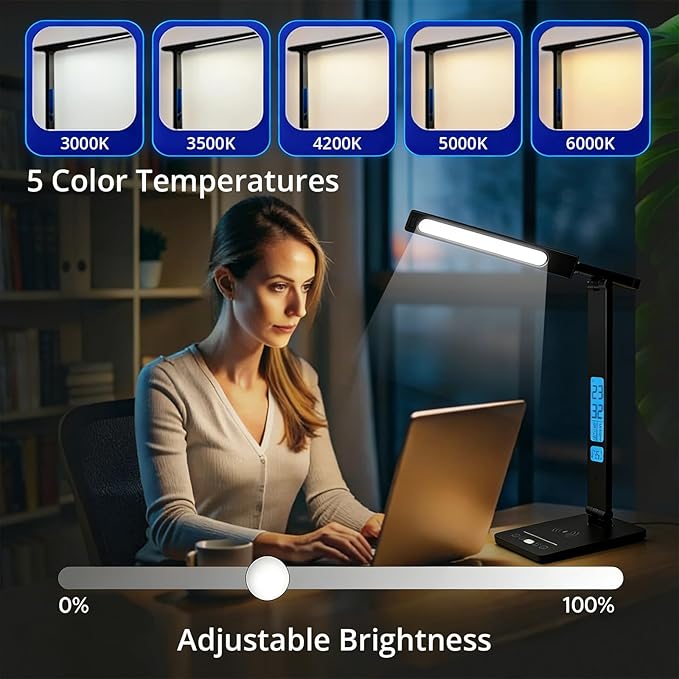 Desk Lamp with Wireless Charger, USB Charging Port, Smart Display Clock, Adjustable Brightness and Color Temperature, Touch Control Desk Light for Office and Bedroom