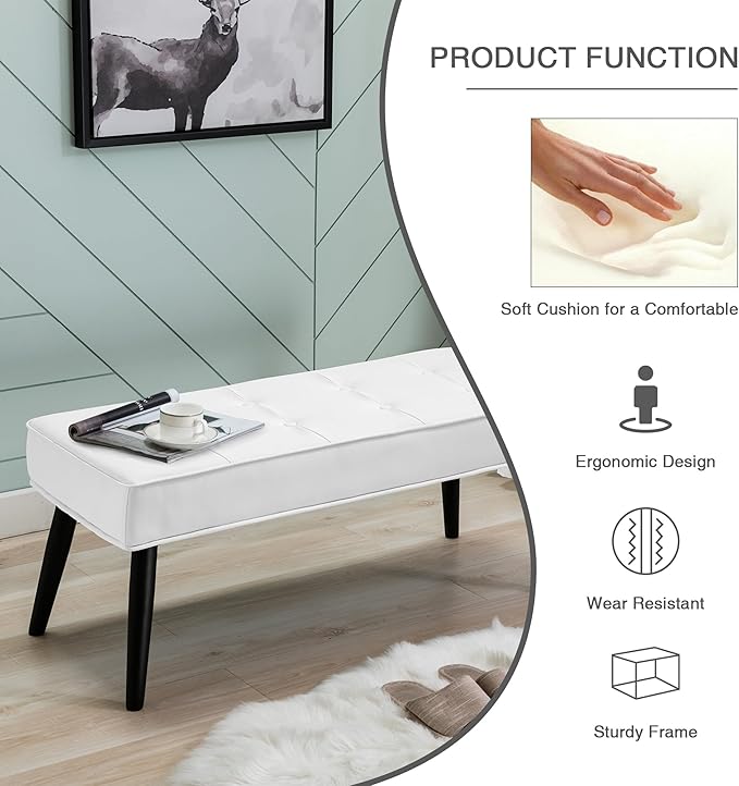 LOULENS 40'' PU Leather Tufted Ottoman Bench, Modern Upholstered End of Bed Bench, Waterproof Leather Entryway Bench with Wood Legs, Accent Footrest for Living Room, White