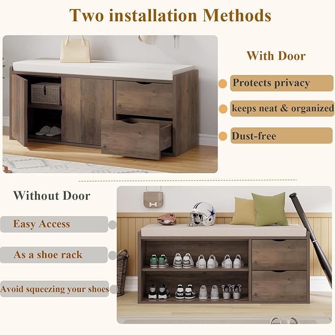 LVB Entryway Bench with Storage, 40” Storage Bench with Padded Cushioned Seat, Farmhouse Shoe Bench with 2 Drawers Cabinet Shelf, Industrial Wood Shoe Rack Bench for Living Bedroom，Rustic Oak, 40in