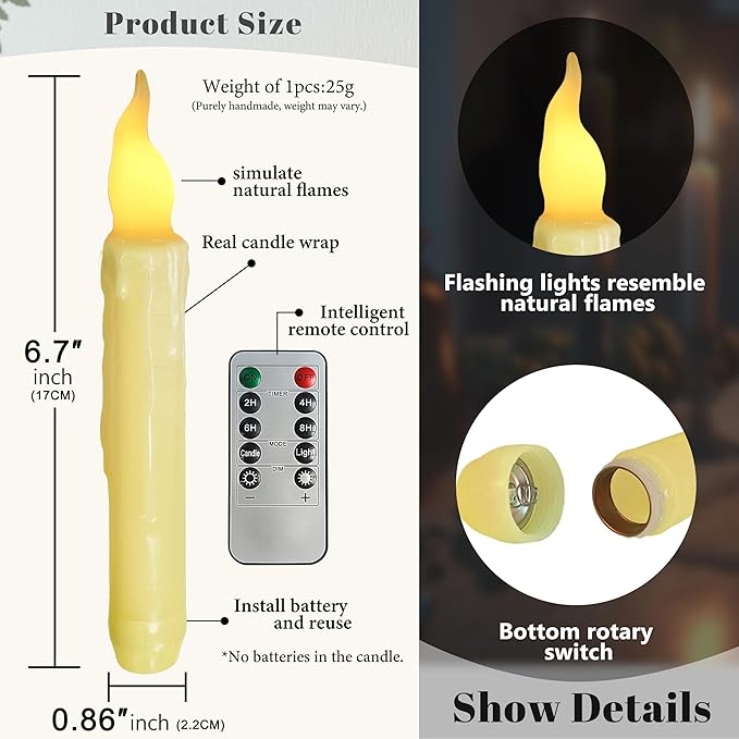 Yellow Flameless Short Taper Candles, Real Wax Hand Dipped LED Battery Operated with Remote, Flickering Flame Lights for Party Home Décor, 6.7 Inch Primitive Flameless Candles, 2PCS