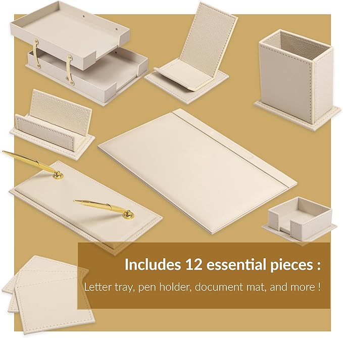 MOOGCO 12-Piece Leather Desk Set — Desk Pad 23.2" x 15.4", Double Document Tray, Pen Holder — Desk Organizer Set for Home Office & Executive Desk Accessories