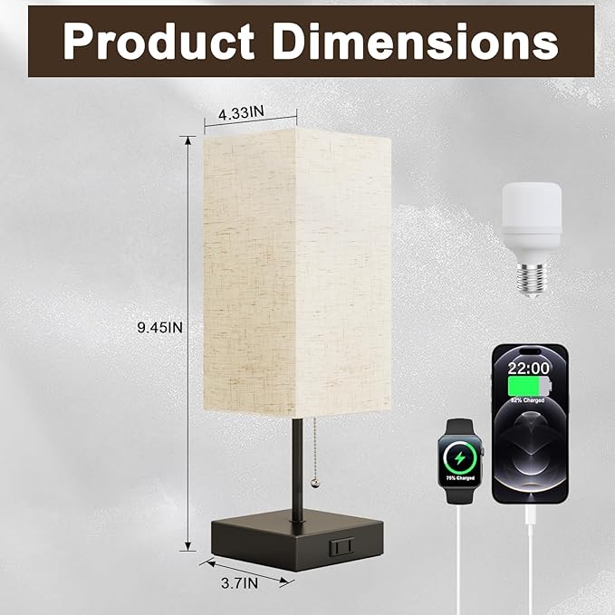 Table Lamp for Bedroom,Nightstand Lamp for Bedside with AC Outlets,Adjustable 3color LED Light Desk Lamp for Home Decor,Included Bulb and Lamp Shade (Linen White-onlyAC, 1PCS)
