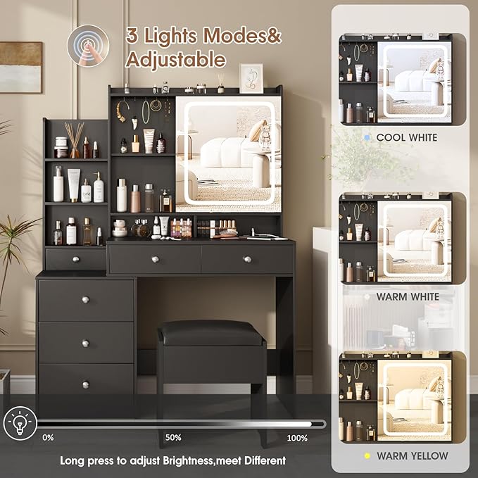 Black Vanity Desk Set with Led Mirror,Makeup Vanity Table with Power Strip,Dressing Table with Stool & Lots Drawers,3 Lighting Color Mirror,Brightness Adjustable
