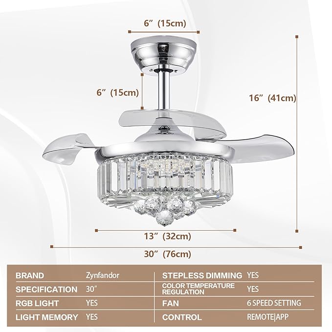 30" Retractable Crystal Ceiling Fan with Light, RGB Modern Fandelier 6 Speeds Reversible Blades Dimmable Chandelier Ceiling Fan with Remote App Control Memory Timer Silver