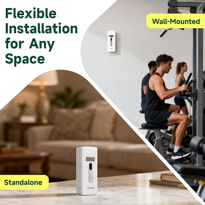 Automatic LCD Air Freshener Dispenser Wall Mount or Free Standing, Programmable Spray for Bathroom Home Office Hotel Commercial Use, Compatible with Glade Refills, White