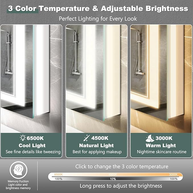 LED Bathroom Mirror with Lights: 55"x30" Wall Mounted Large Lighted Mirrors Fogless, Anti-Fog,Dimmable,Memory Function, Shatterproof Tempered Glass, Espejos para Baños, ETL Listed