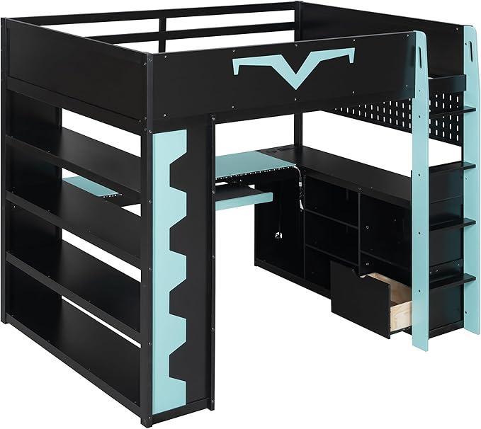 Full Size Gaming Loft Bed with Integrated Desk & RGB LED Lights,Bunk Bed with Power Outlet, Large Bookshelf, Pegboard, Keyboard Tray & Drawer (Blue-Bo, Full)